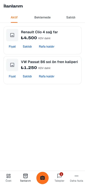 İşletme uygulamasında ilanlar ekranı: Aktif, Beklemede, Satıldı sekmeleri, fiyatlı iki ilan ve Fiyat, Satıldı, Rafa kaldır düğmeleri
