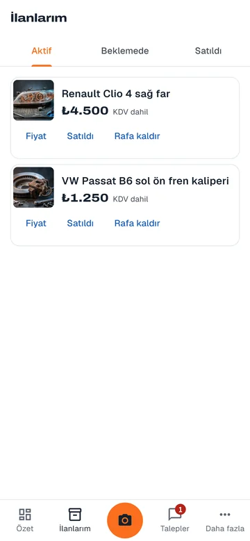 İlanlarım ekranı: far ve fren kaliperi fotoğraflı iki ilan, fiyatları ve Fiyat, Satıldı, Rafa kaldır düğmeleri